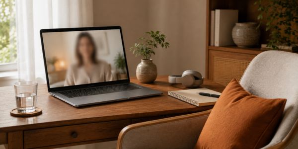 Ambiente preparado para uma sessão de Psicoterapia online 